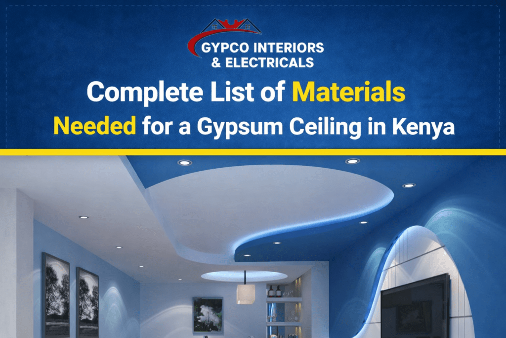 materials needed for a gypsum ceiling in Kenya including gypsum boards metal channels and installation tools