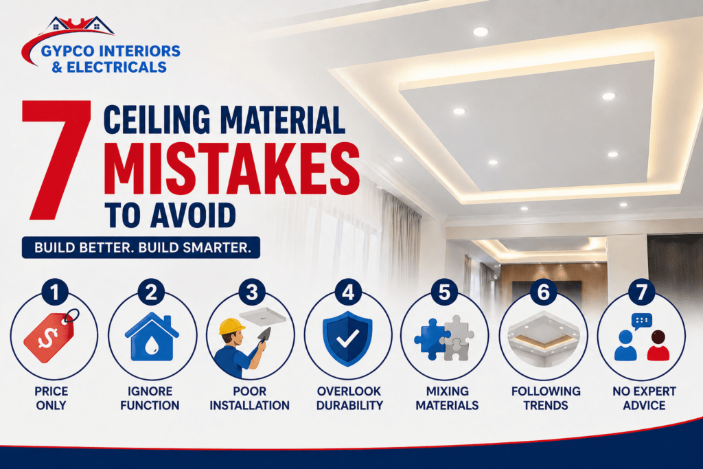 common ceiling material mistakes in Kenya infographic showing errors to avoid for durable gypsum ceilings