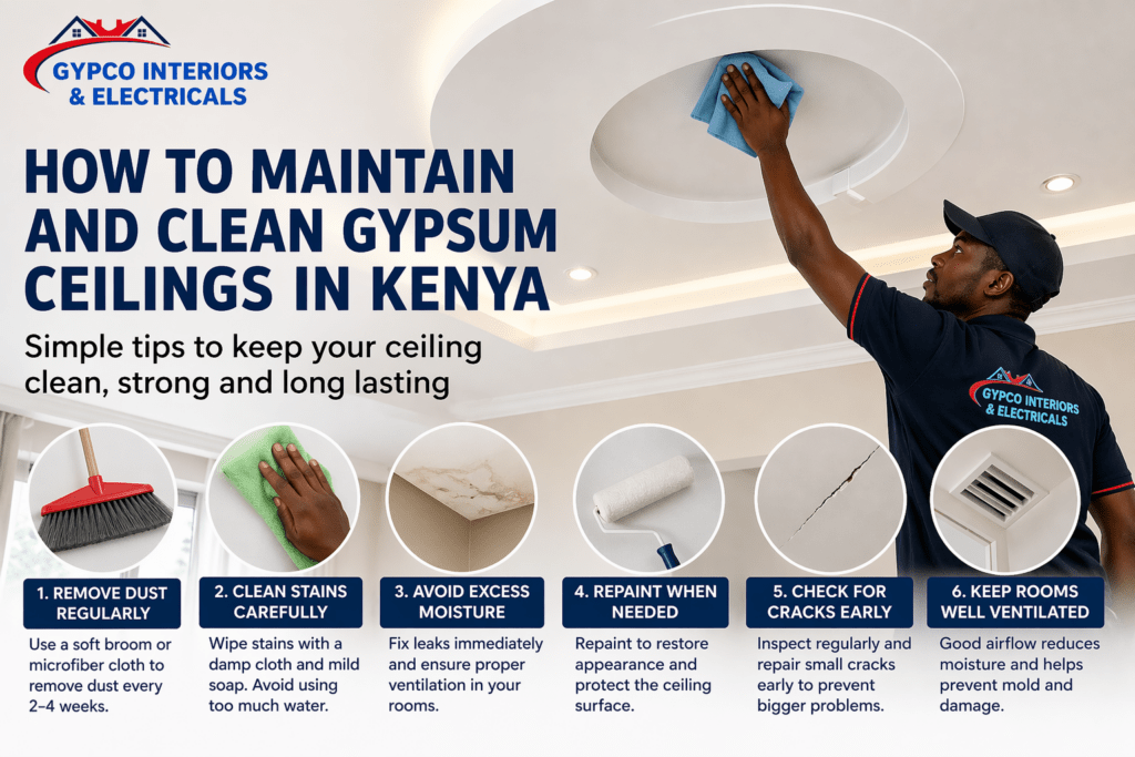 how to maintain and clean gypsum ceilings in Kenya showing cleaning and maintenance steps on a modern ceiling