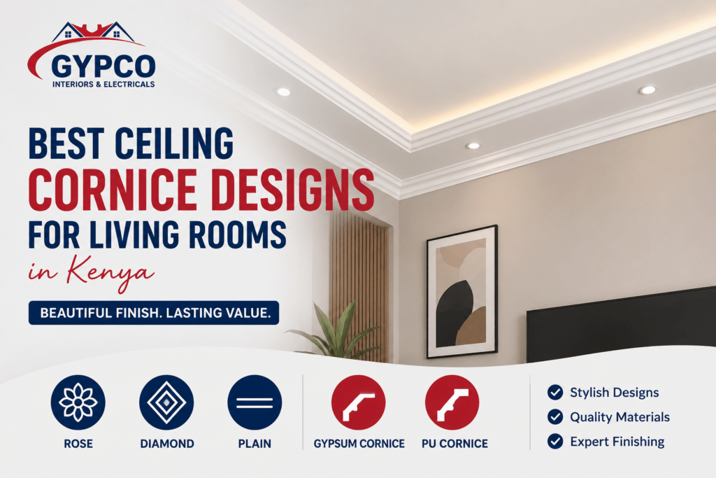 modern gypsum and PU cornice designs for living rooms in Kenya with decorative ceiling finishing