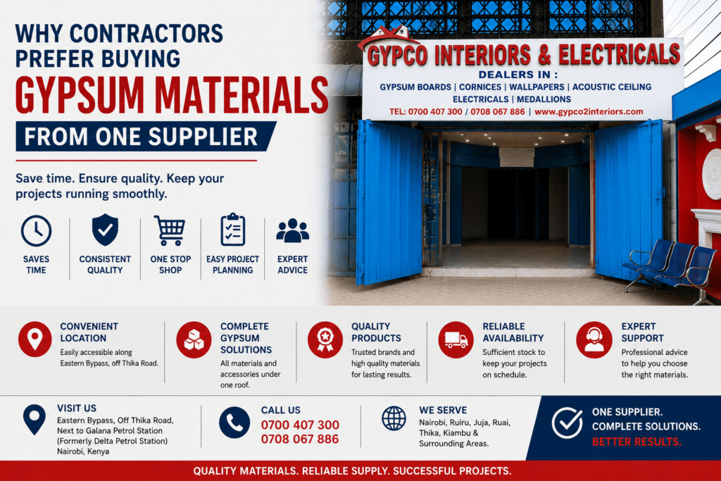 Contractors sourcing gypsum materials from a one-stop gypsum supplier in Nairobi, Kenya.