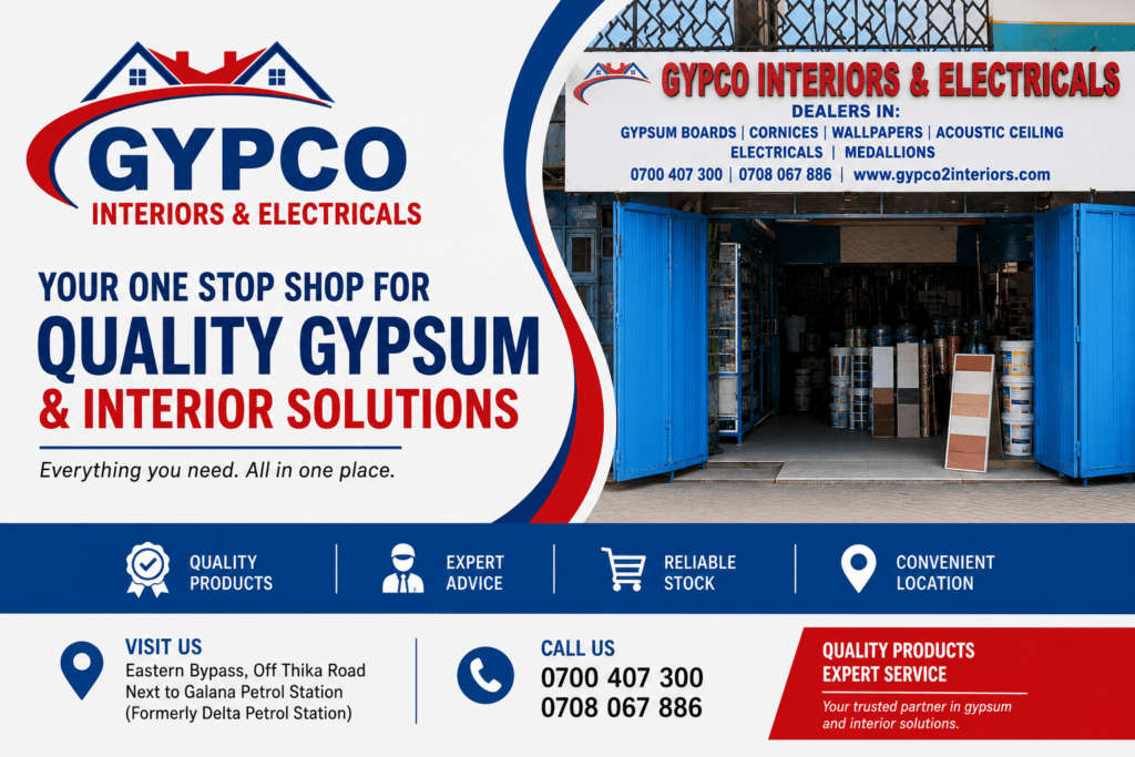 Gypco Interiors & Electricals showroom along Eastern Bypass supplying gypsum boards, channels and studs, cornices, medallions, filler, skimming coat, and gypsum accessories in Kenya.